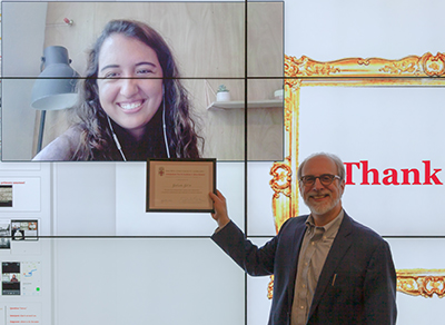 Joukowsky Family University Librarian Joseph Meisel and 2019 Undergraduate Research Prize winner Gabriela Gil '20