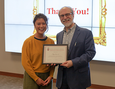 Joukowsky Family University Librarian Joseph Meisel and 2019 Undergraduate Research Prize winner Maya Omori '19