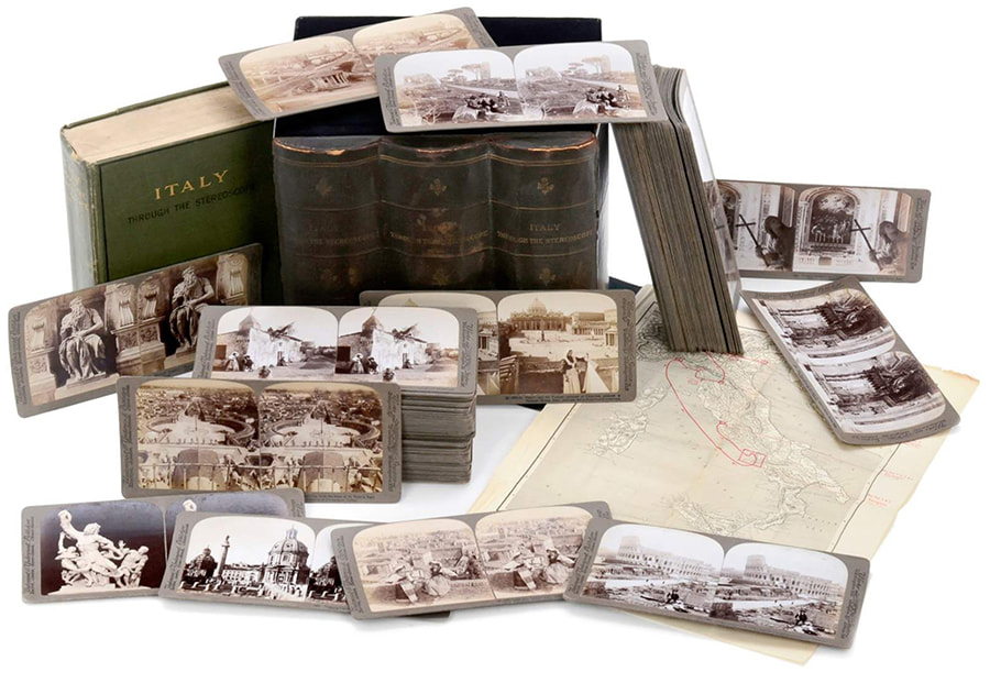 display of stereographs and books about Italy